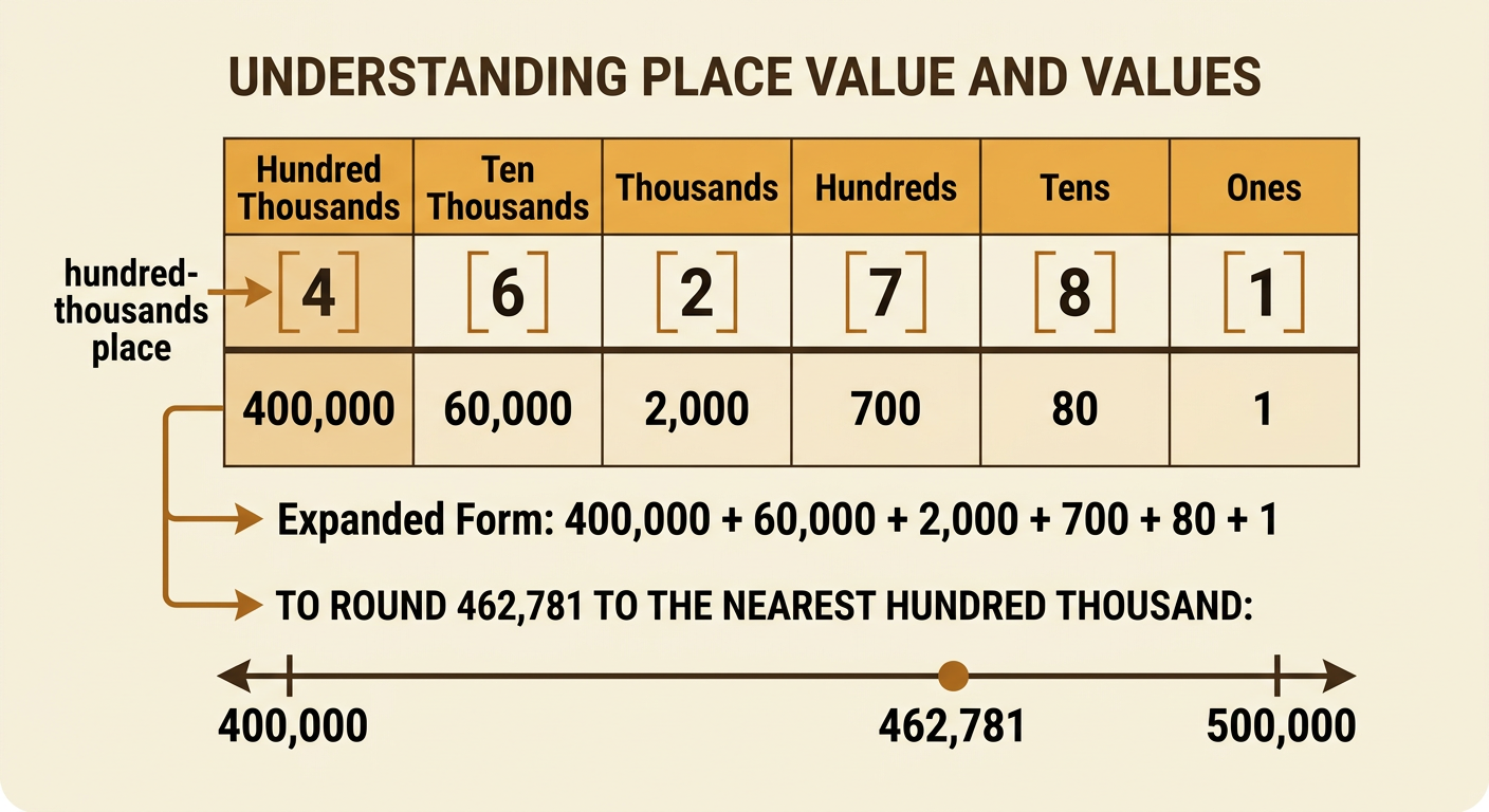 A place-value chart shows 462,781, its expanded form, and the two nearest hundred-thousand choices.
