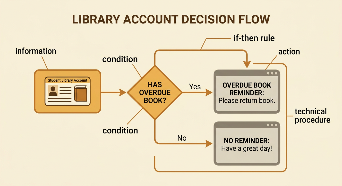 A library computer diagram shows student book information flowing through a yes-or-no condition to a reminder action.