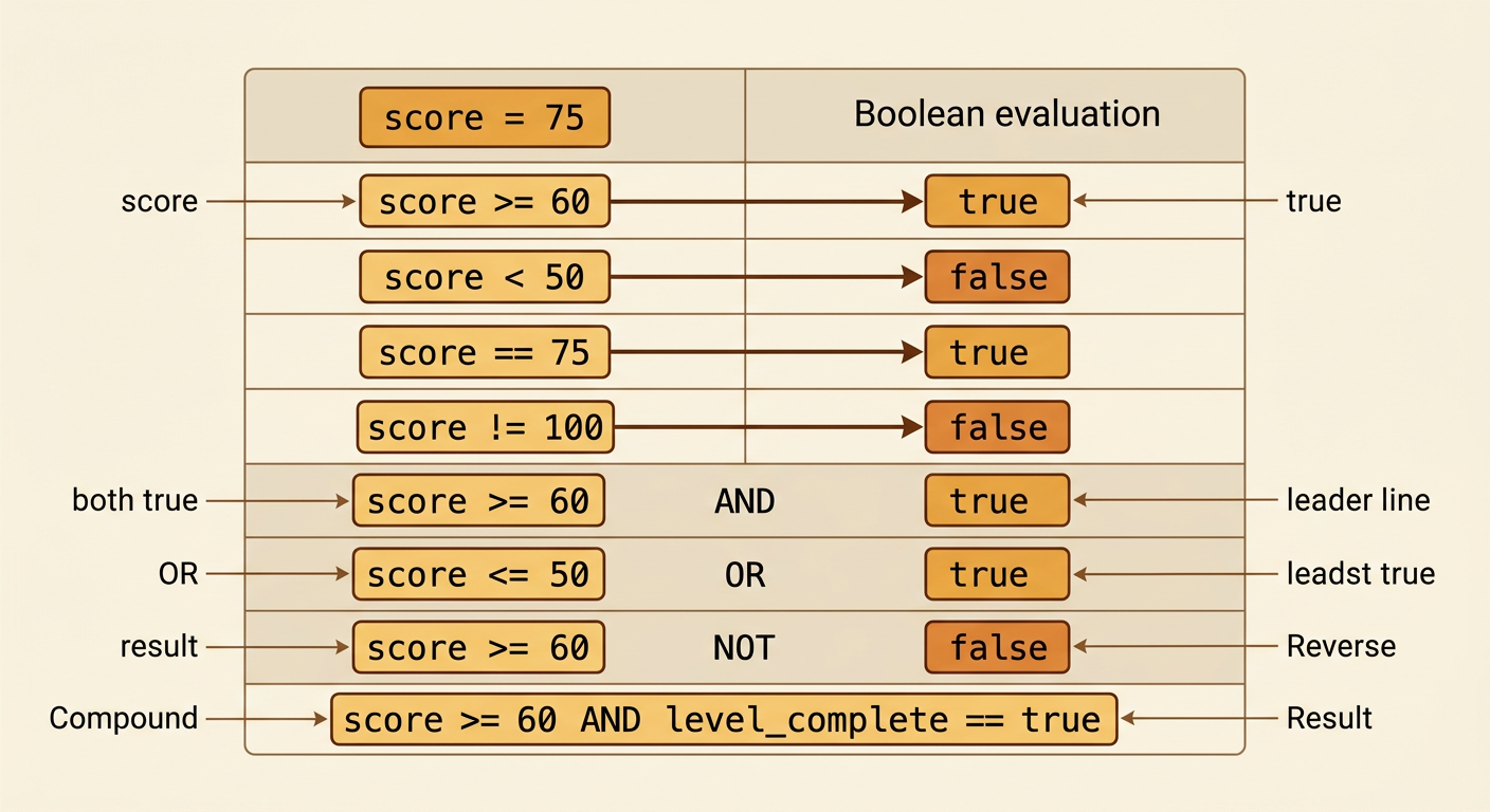 A game score screen shows two comparisons producing true and false results, with connected condition cards for AND, OR, and NOT.