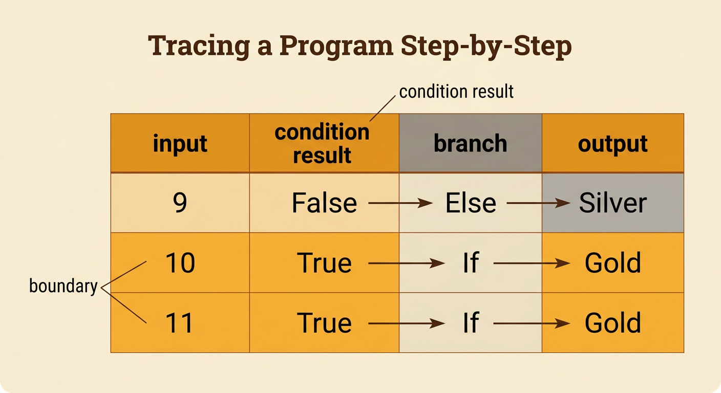 A completed trace table shows ticket inputs of 8, 10, and 12 leading through condition results and branches to silver or gold outputs.