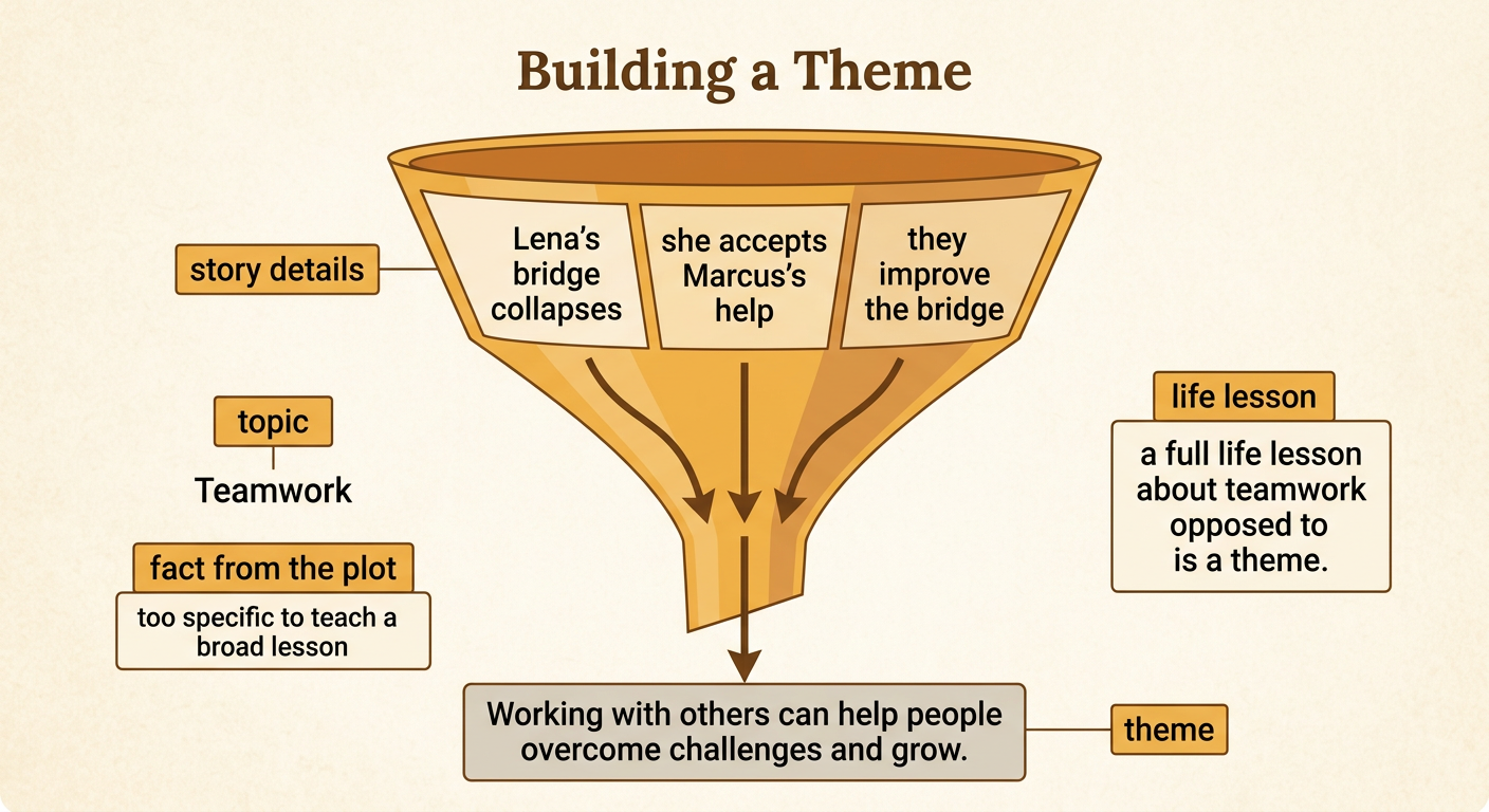 A funnel combines story details into a broad life lesson while separating a one-word topic from a complete theme.