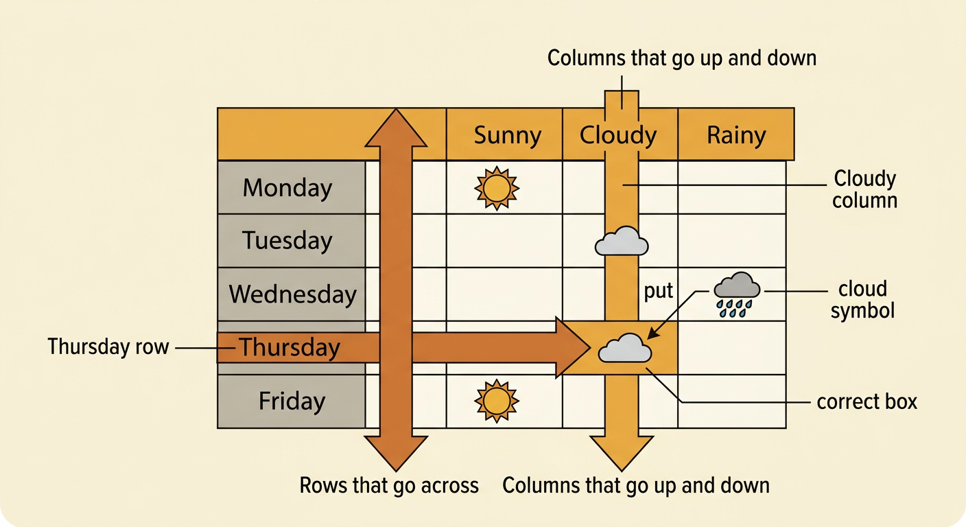 A five-day weather chart shows one cloud placed where the Thursday row meets the Cloudy column.