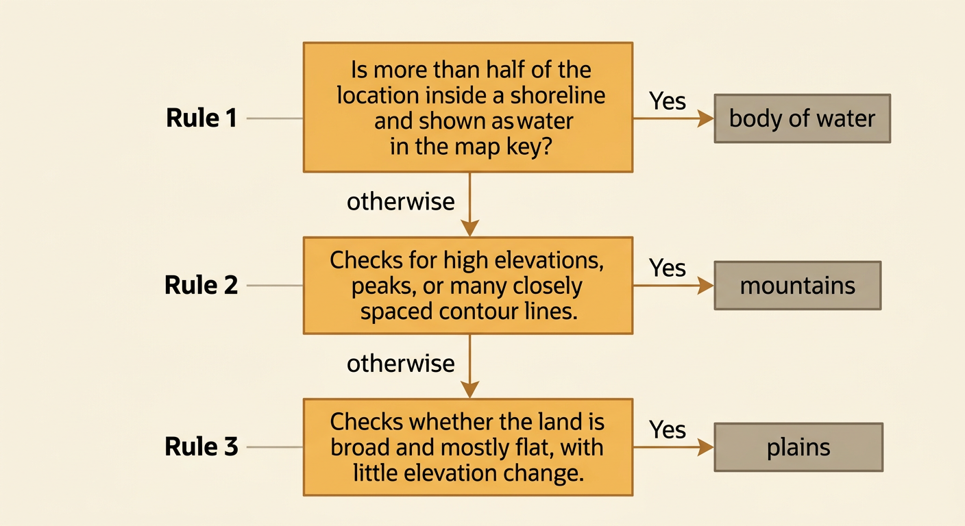 A three-step flowchart sends map locations through water, mountain, and plains decisions in order.