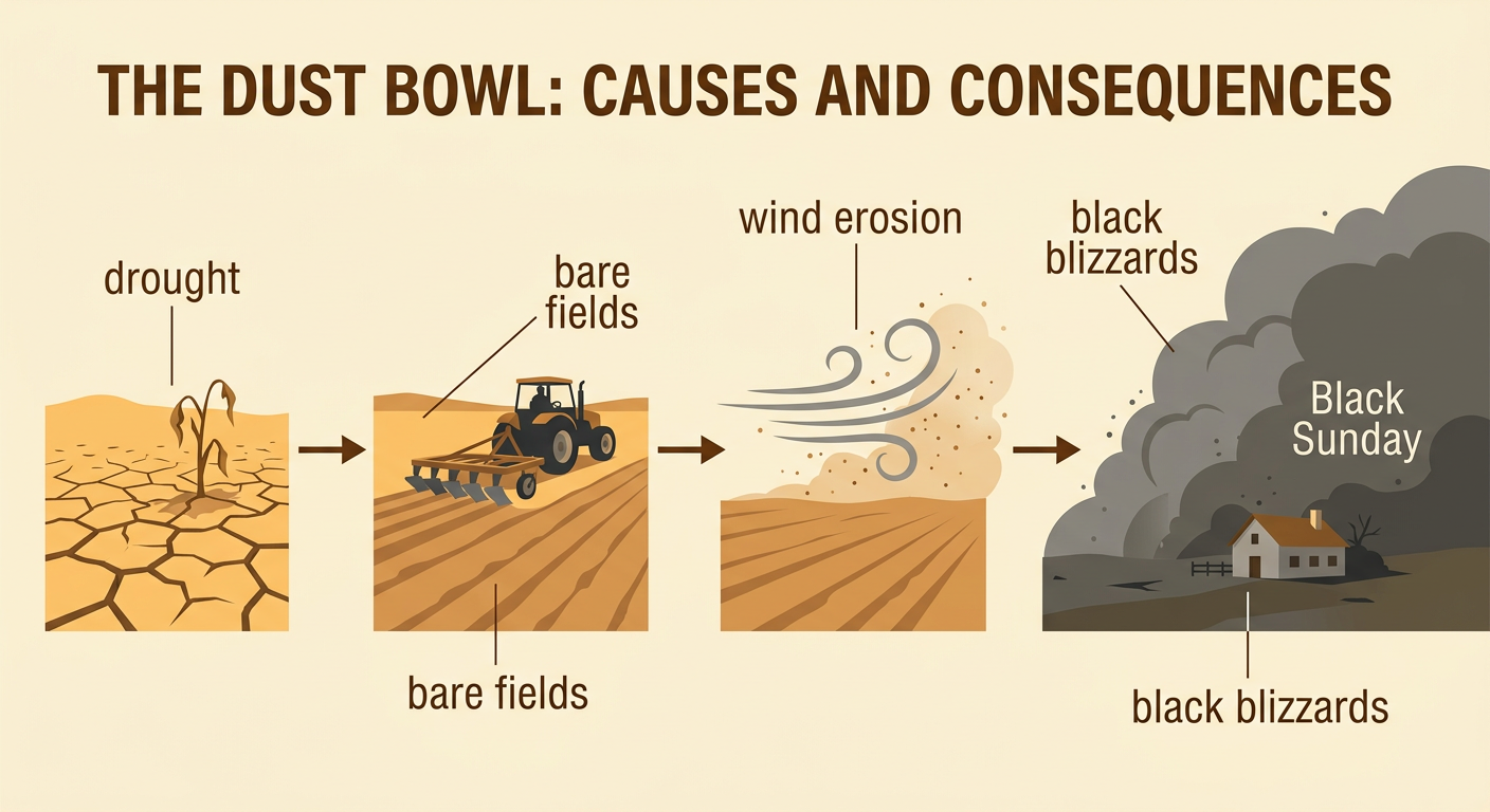 A towering dark dust storm sweeps across a bare, plowed Great Plains farm on Black Sunday.