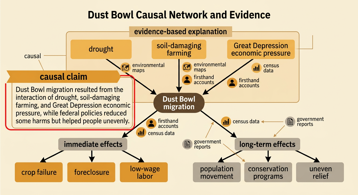 An evidence web links environmental maps, census data, a family letter, and government reports to one central causal claim.