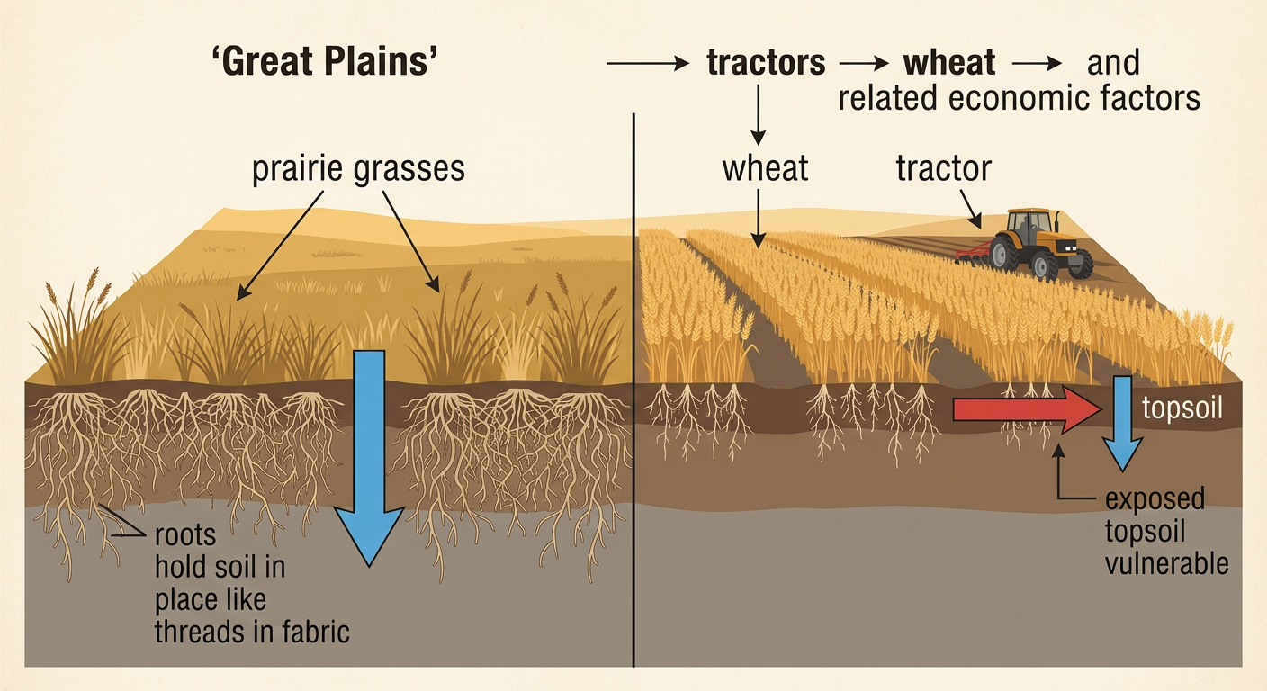 A cutaway landscape shows deep-rooted prairie beside a tractor-plowed wheat field with exposed soil.