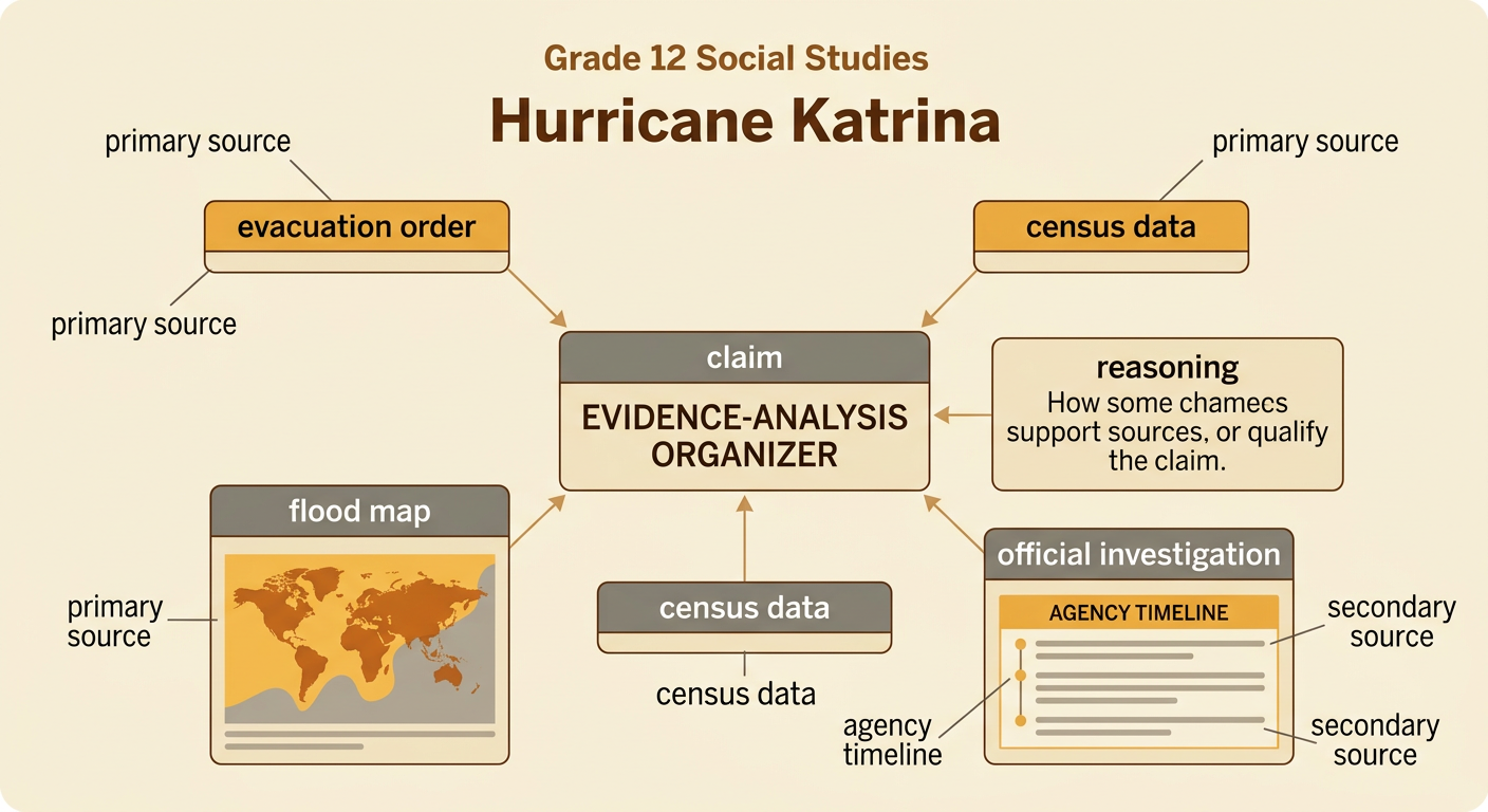 An evidence display about Hurricane Katrina compares official records, population information, photographs, and later analysis.