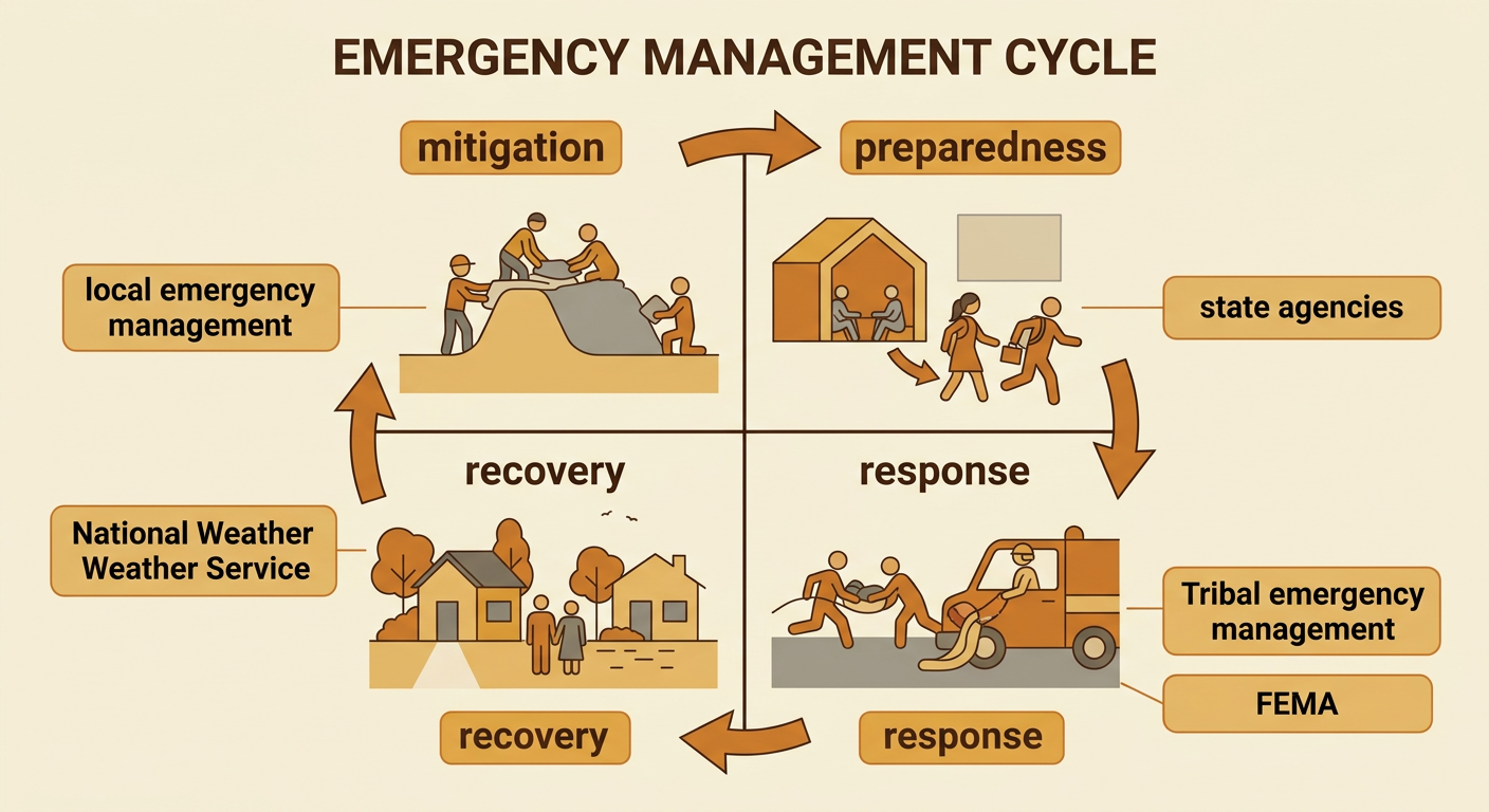A circular disaster-management diagram shows agencies working through the four phases around a flooded community.
