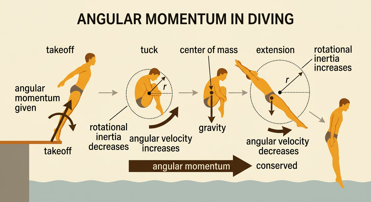 A sequence shows a diver at takeoff, in a tight airborne tuck, and extended before entering the water.