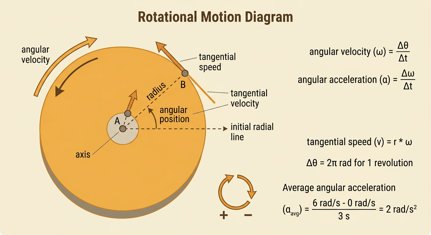 A rotating turntable shows two points at different radii, curved direction arrows, and their motion quantities.