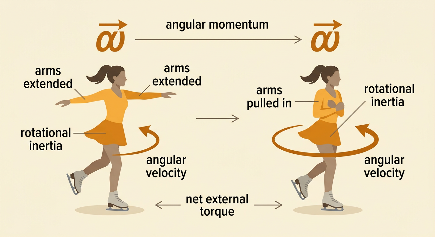 A skater is shown spinning first with extended arms and then faster with arms pulled close to the body.
