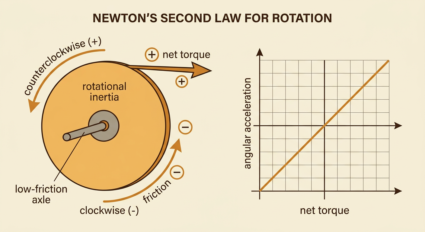 A disk with applied and friction torques appears beside a straight-line graph of angular acceleration versus net torque.