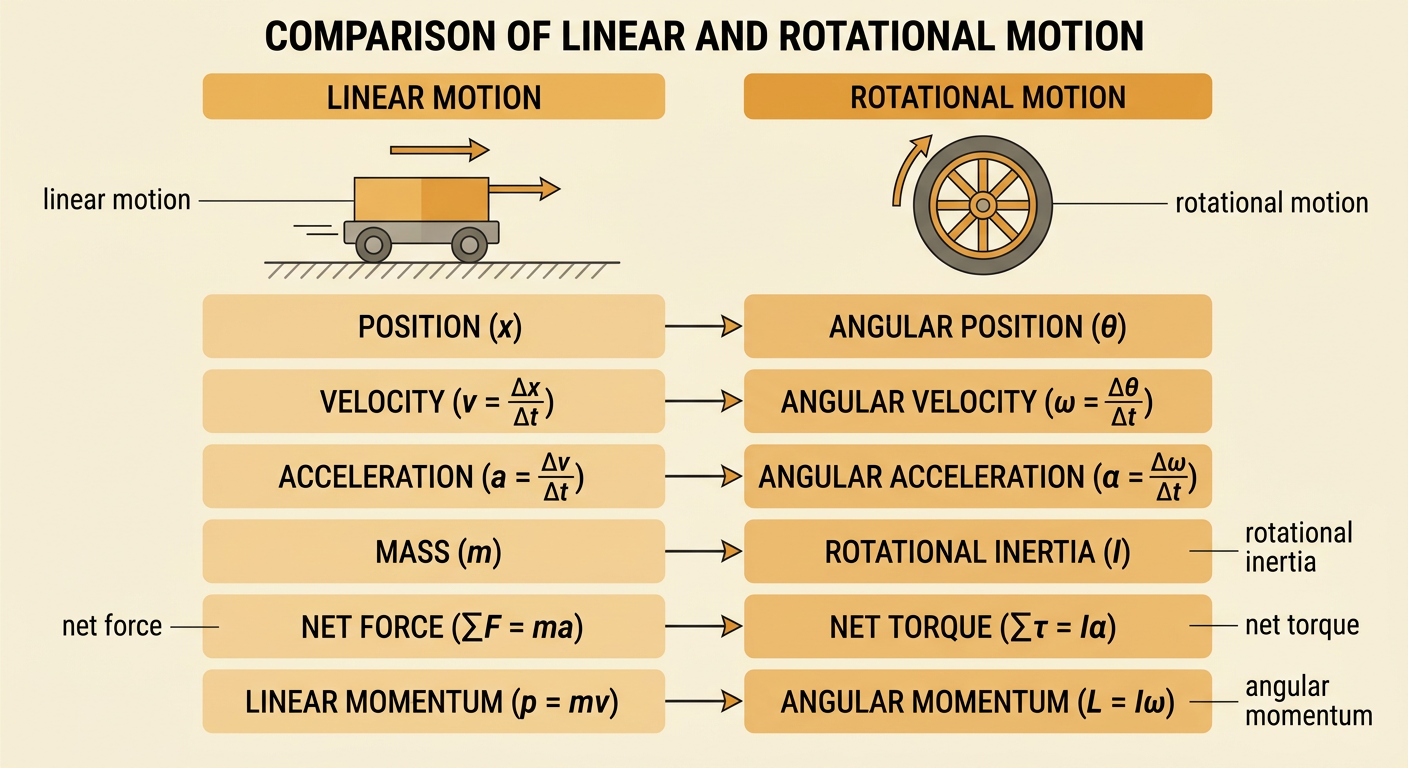 A comparison diagram shows a pushed cart moving along a path beside a force turning a bicycle wheel around its axis.