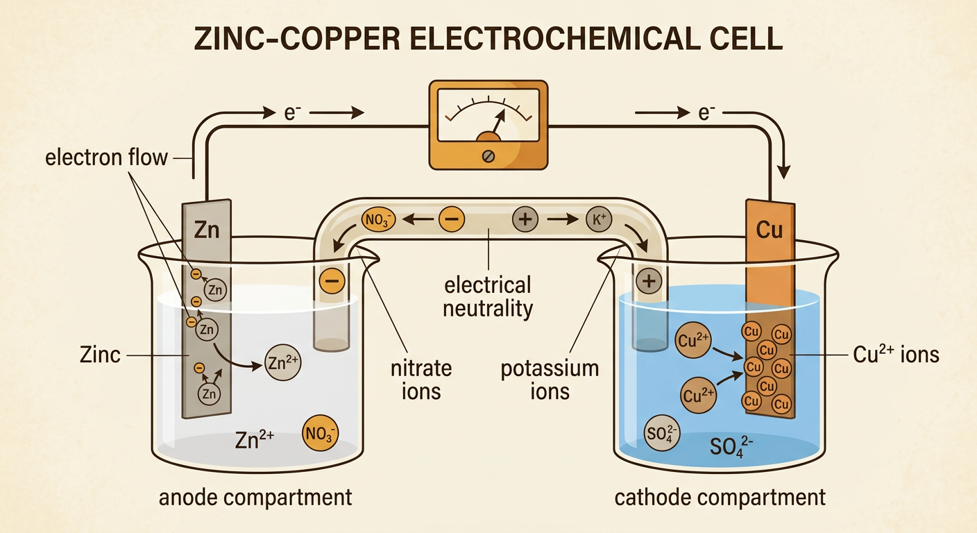 Arrows in a zinc-copper cell trace electrons through the wire and potassium and nitrate ions through the salt bridge.