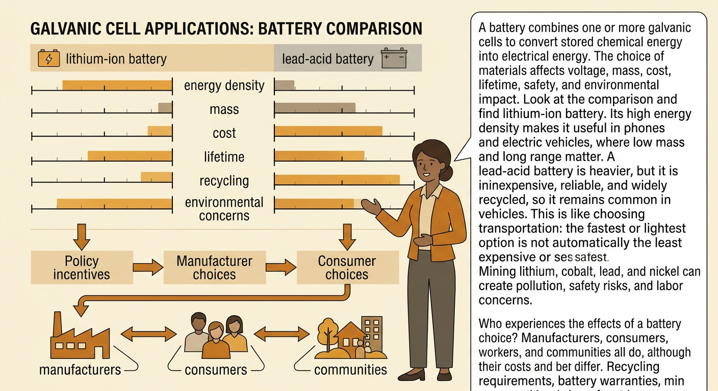 A comparison chart shows lithium-ion and lead-acid batteries alongside the groups affected by battery production and use.