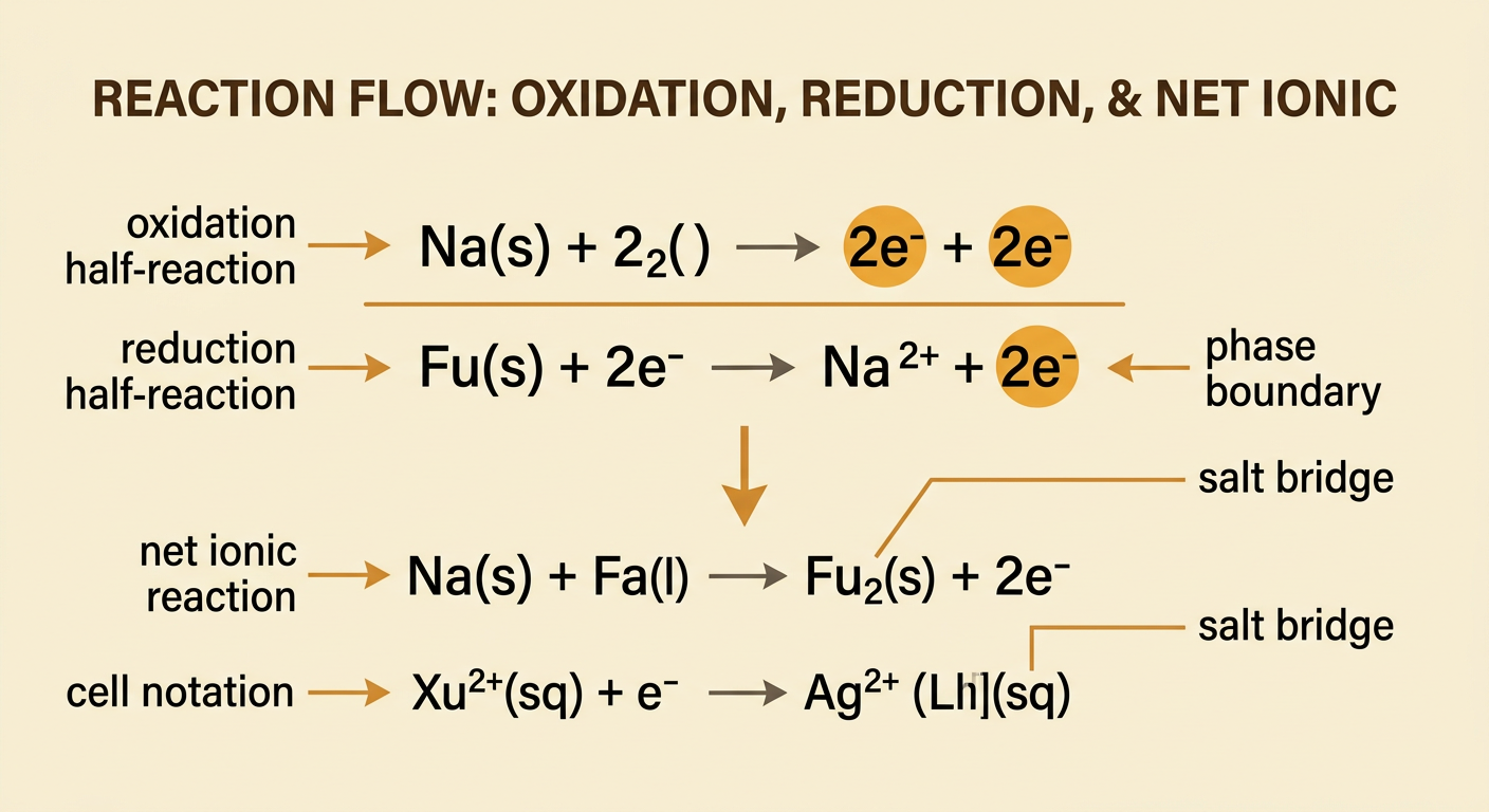 A reaction diagram combines zinc oxidation and copper reduction, cancels electrons, and connects the result to cell notation.
