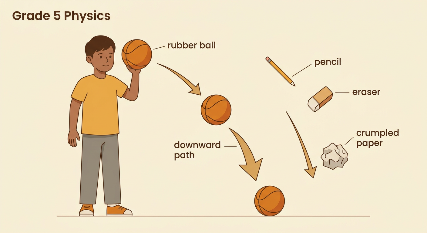 A hand releases four everyday objects from the same height, and arrows show each object’s path toward the floor.