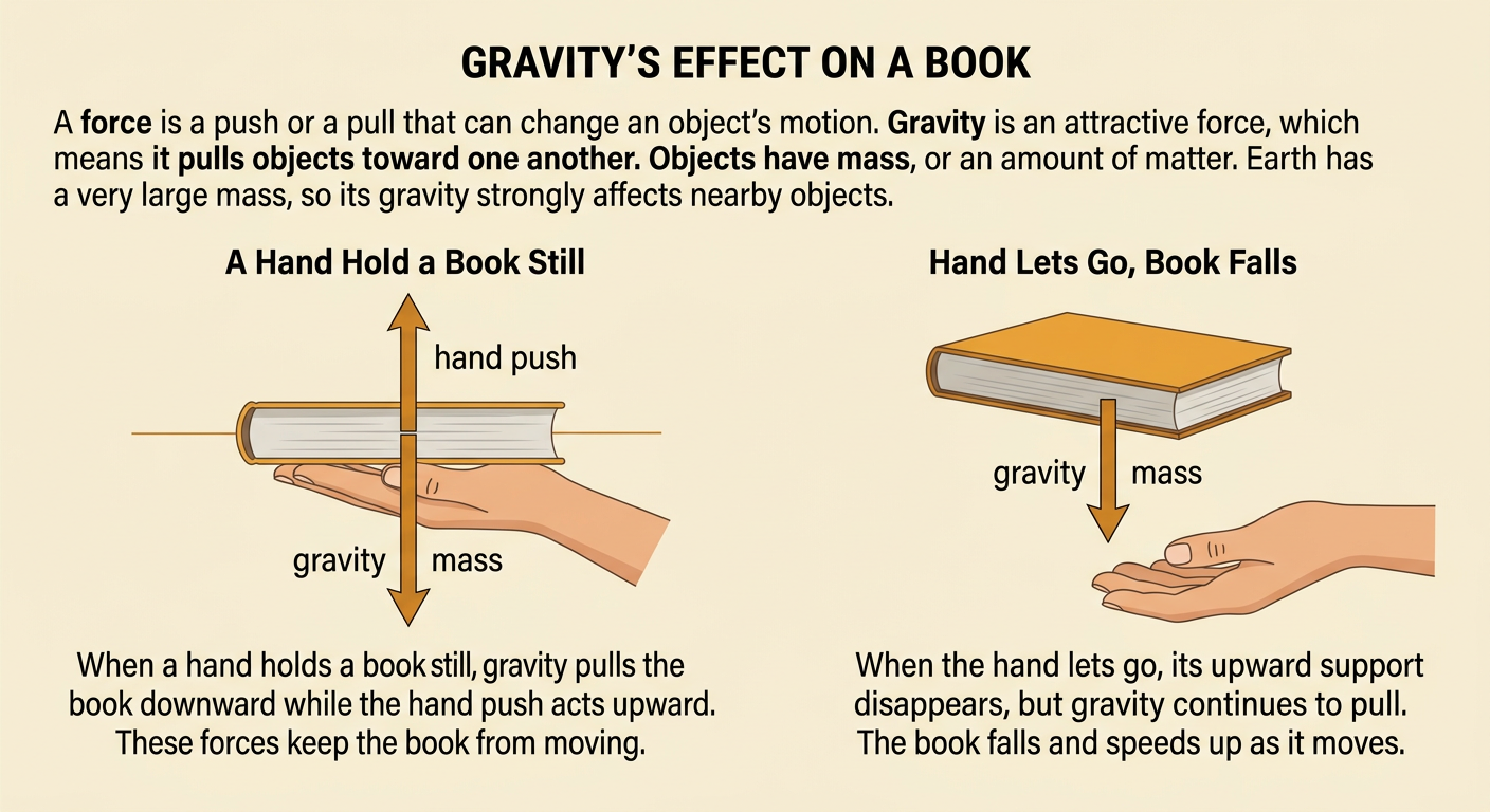 A hand supports a book while opposite arrows show the upward hand push and downward pull of gravity.