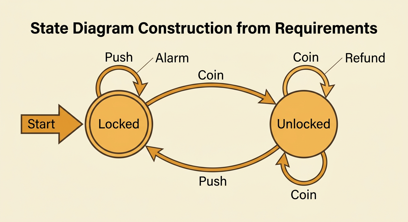 A complete turnstile state diagram includes an initial marker, directed arrows, self-loops, and output annotations.