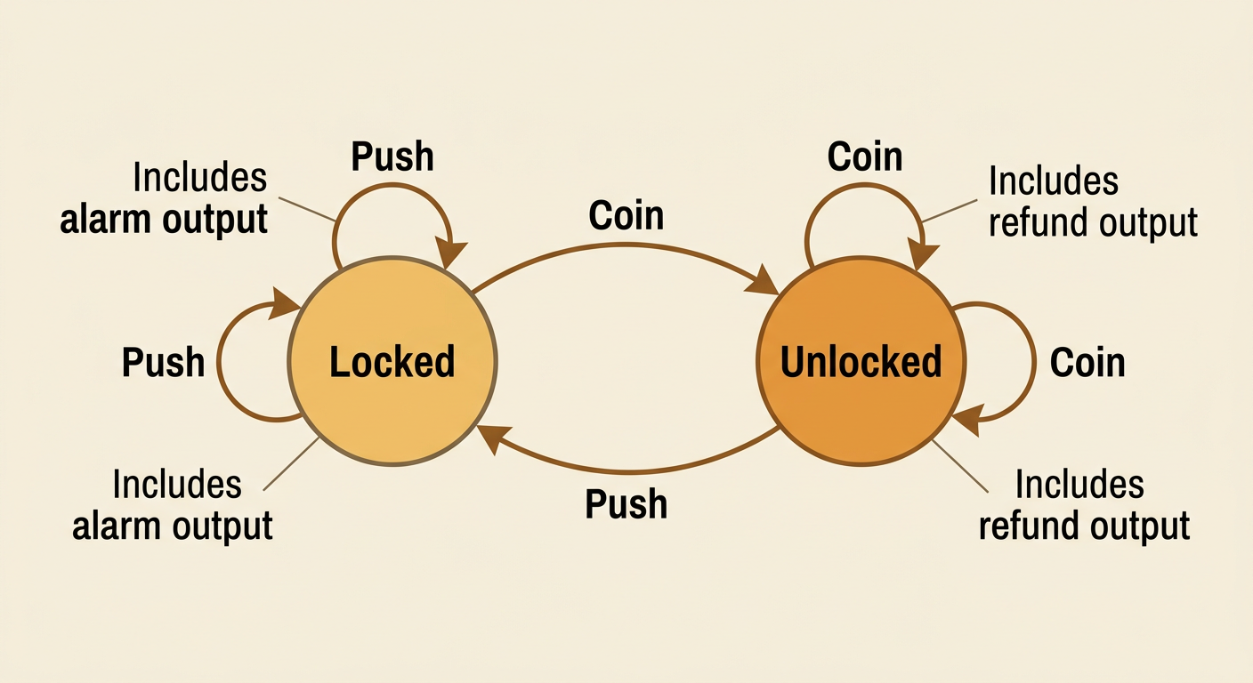 A subway turnstile state diagram shows two states connected by arrows for coin and push events.