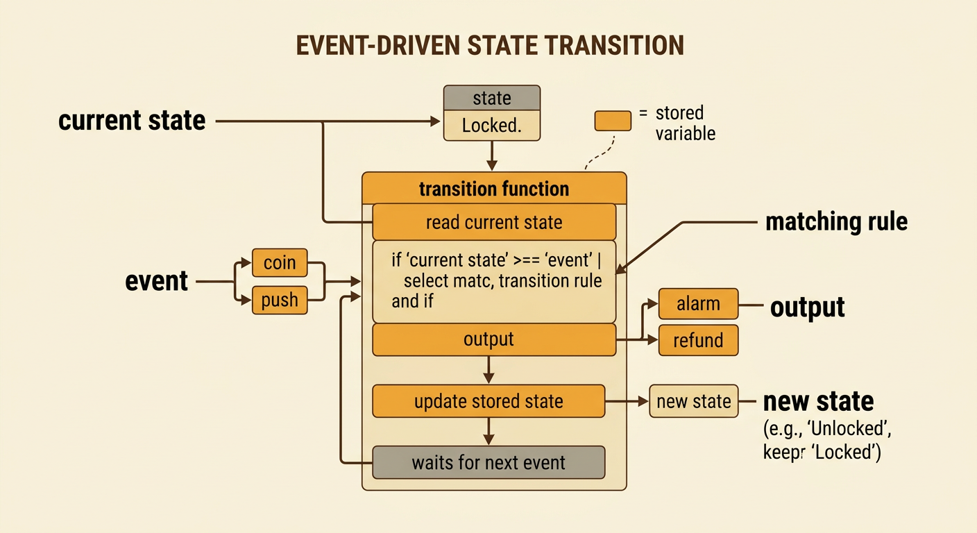 A program flowchart shows an event being matched with stored state before output and state update occur.