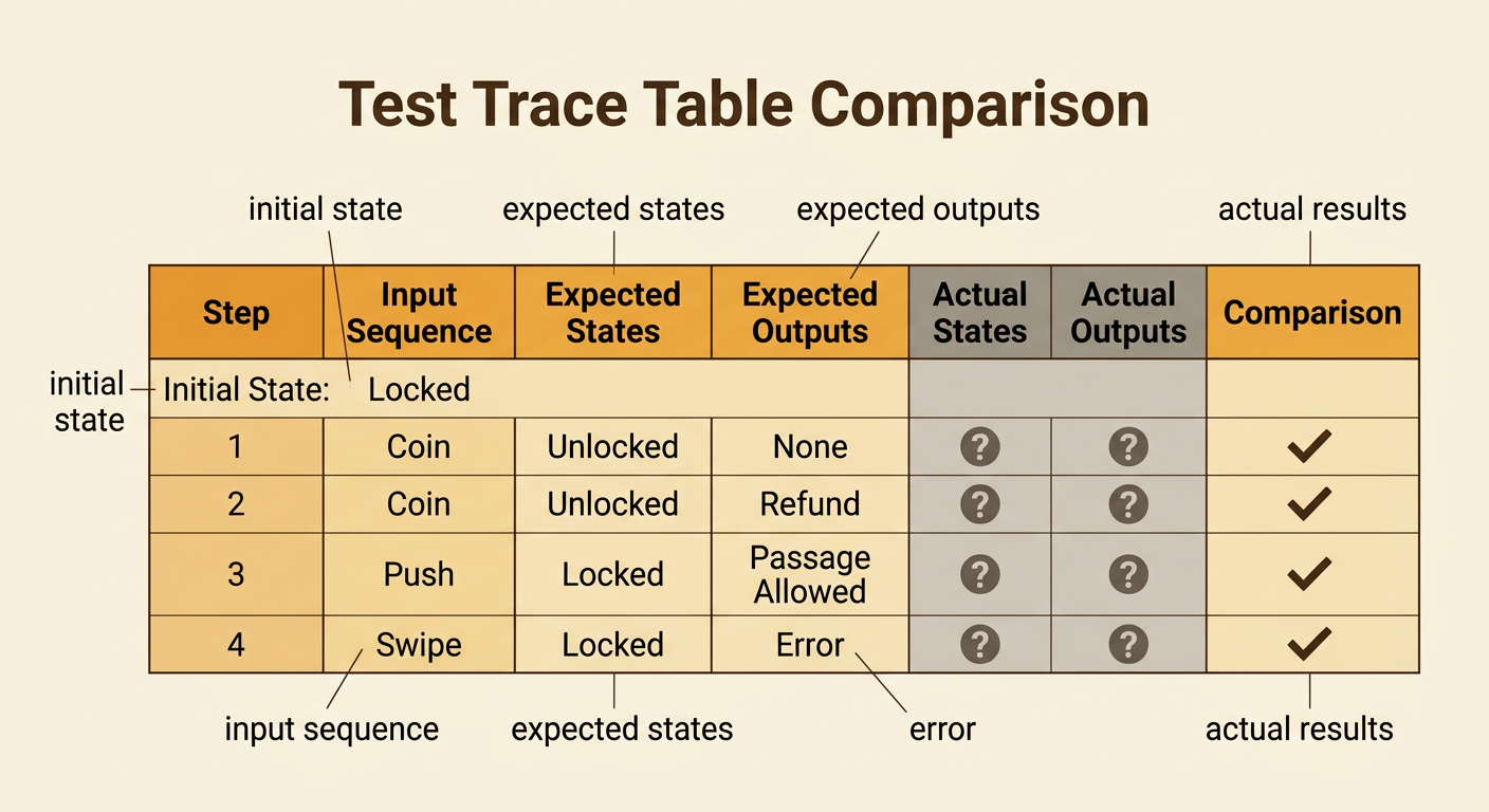 A test record compares expected and actual turnstile behavior for normal, repeated, and invalid events.