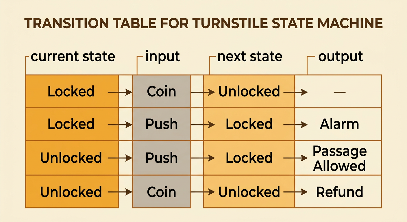 A four-row transition table maps every turnstile state and input combination to its result.