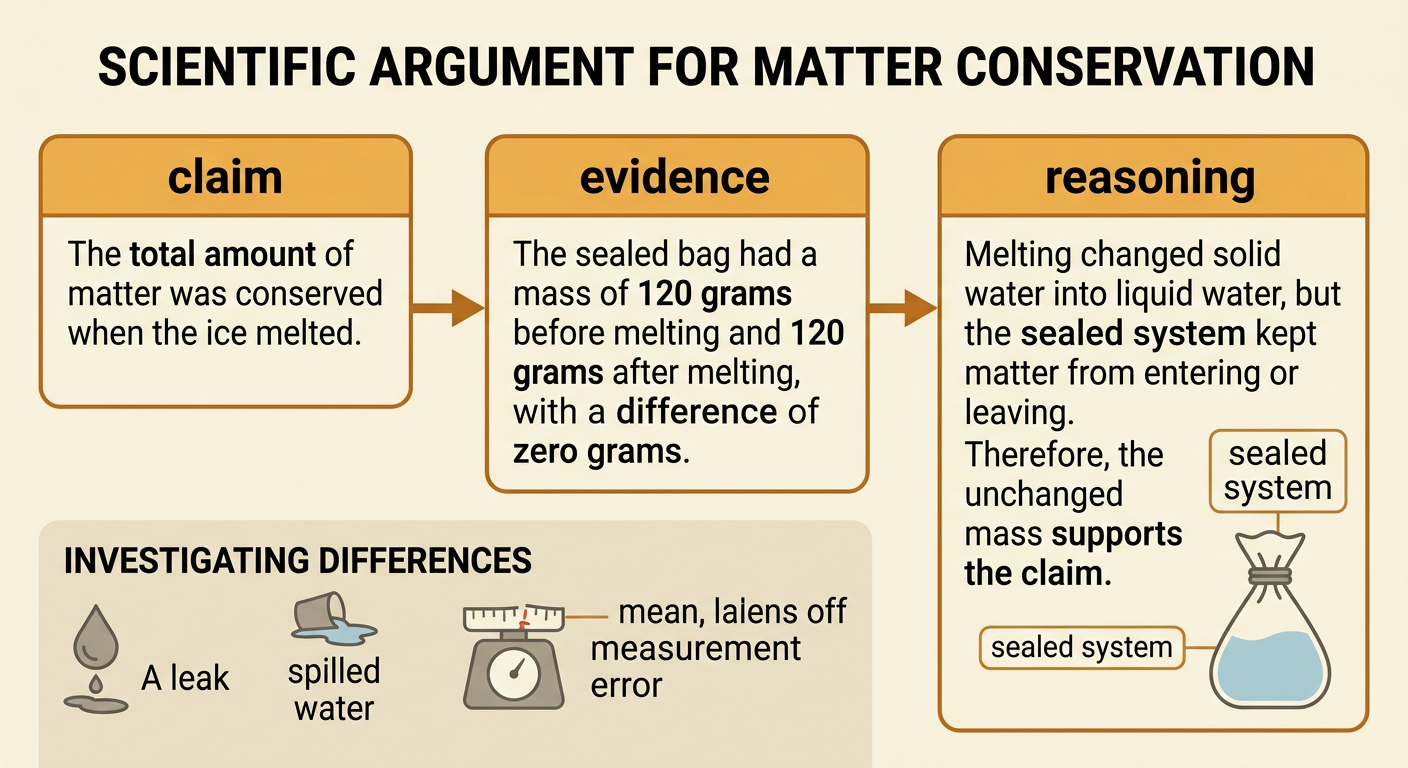 A connected claim-evidence-reasoning diagram explains why equal masses show that matter was conserved.