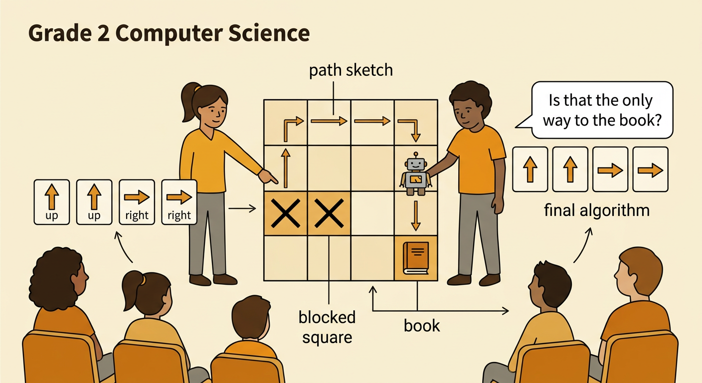 Two partners present a path sketch and final algorithm while a robot reaches the book on the grid.