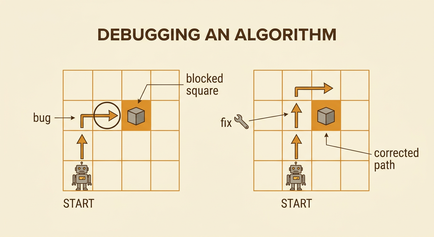 Two small grid paths compare a buggy right command with a corrected up command that avoids the block.