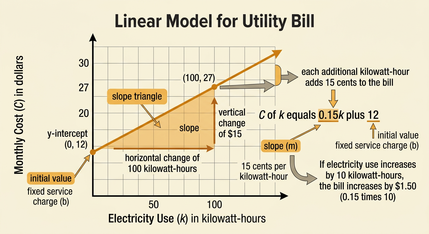 A graph and equation show a utility bill increasing from a fixed service charge at a rate of 15 cents per kilowatt-hour.