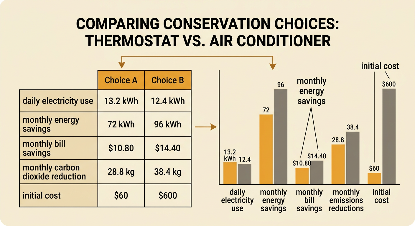 A side-by-side comparison shows the costs and monthly energy, bill, and emissions savings of two conservation choices.