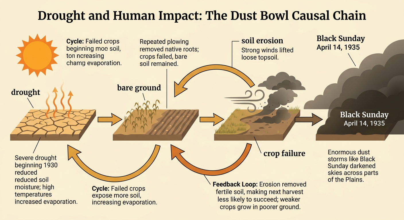 A circular cause-and-effect diagram shows drought turning an exposed farm field into a severe dust storm.