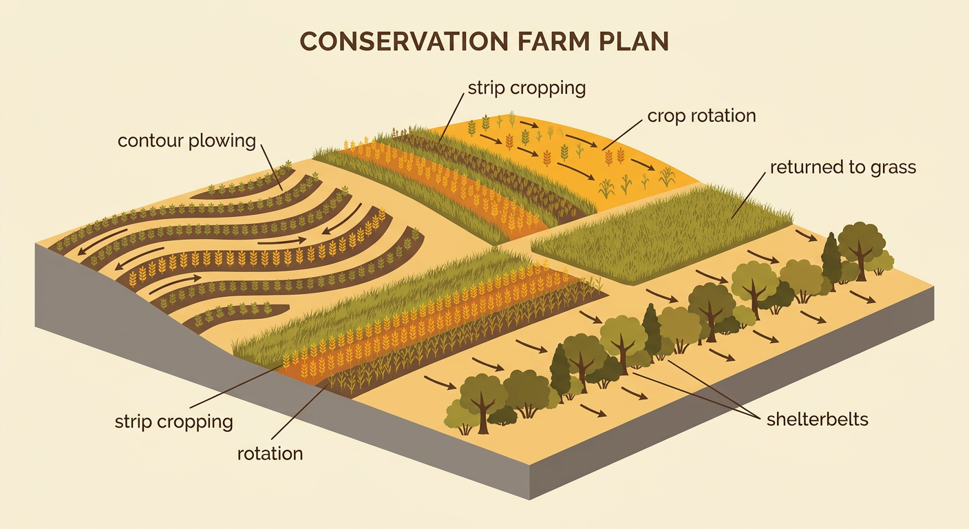 A conservation farm displays curved plow rows, alternating crop strips, rotating fields, and a wind-blocking tree line.