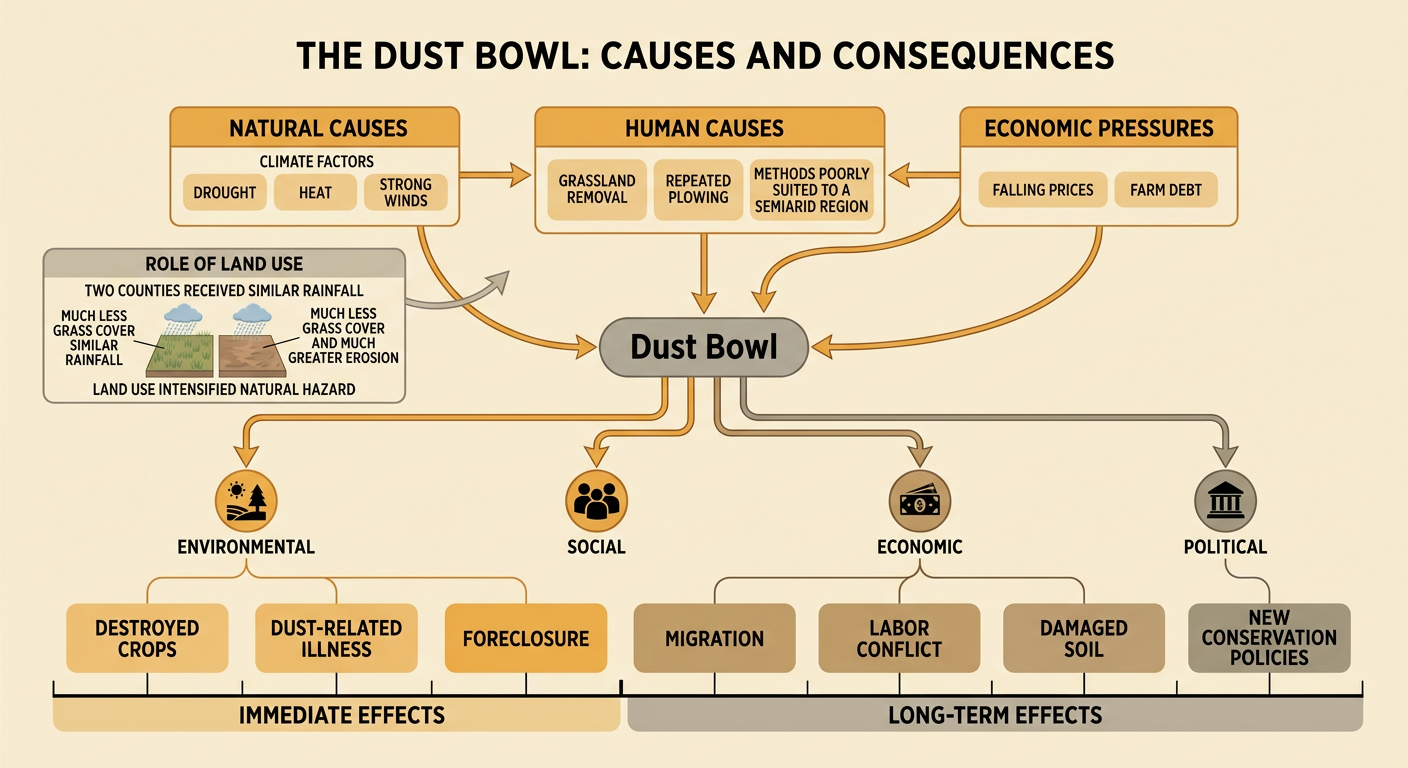 A cause-and-effect network links environmental, human, and economic causes to short- and long-term Dust Bowl consequences.