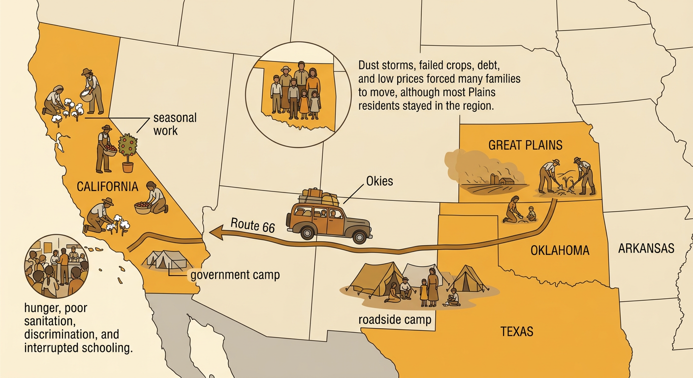A route map shows a loaded migrant truck traveling west to a crowded California labor camp.