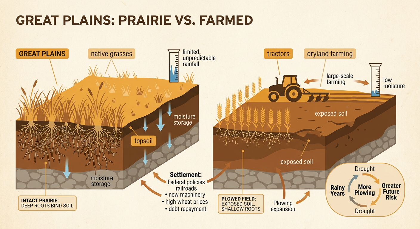 A cutaway Great Plains farm shows deep prairie roots beside a tractor plowing wheat fields.