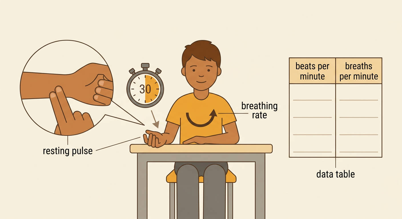 A seated student measures a wrist pulse while a nearby data table records pulse and breathing measurements.