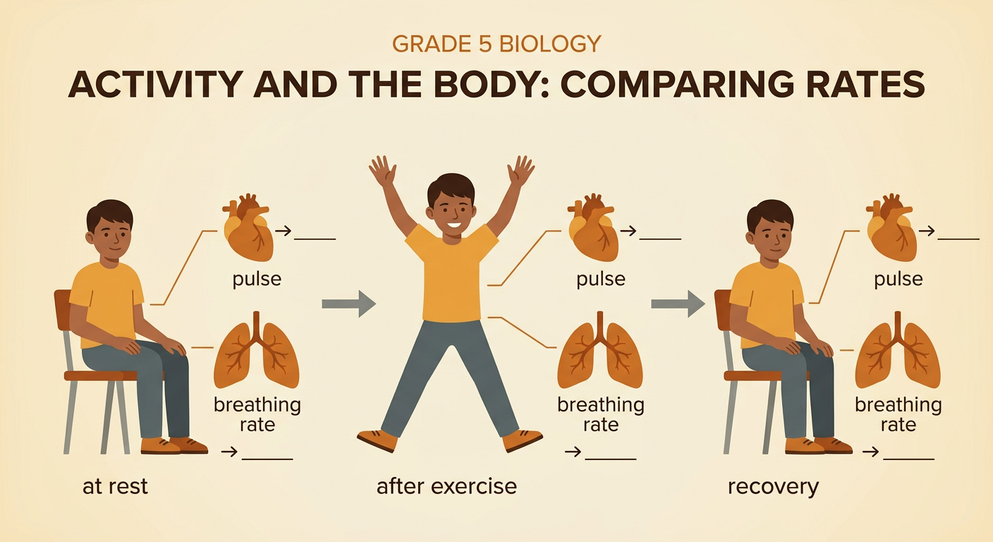 A three-step sequence shows a student at rest, exercising, and recovering while pulse and breathing measurements change.