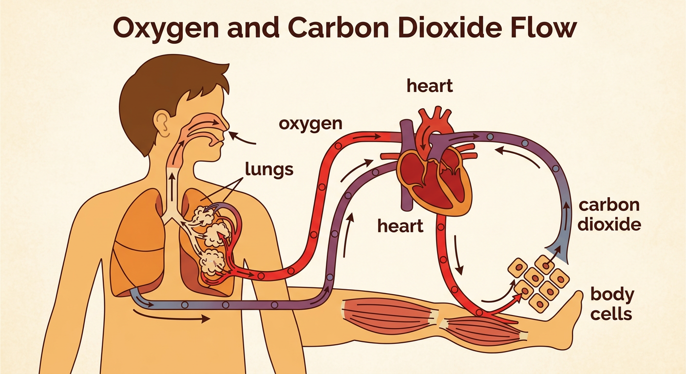 A cutaway diagram shows air entering the lungs, the heart pumping blood to body cells, and carbon dioxide returning to the lungs.