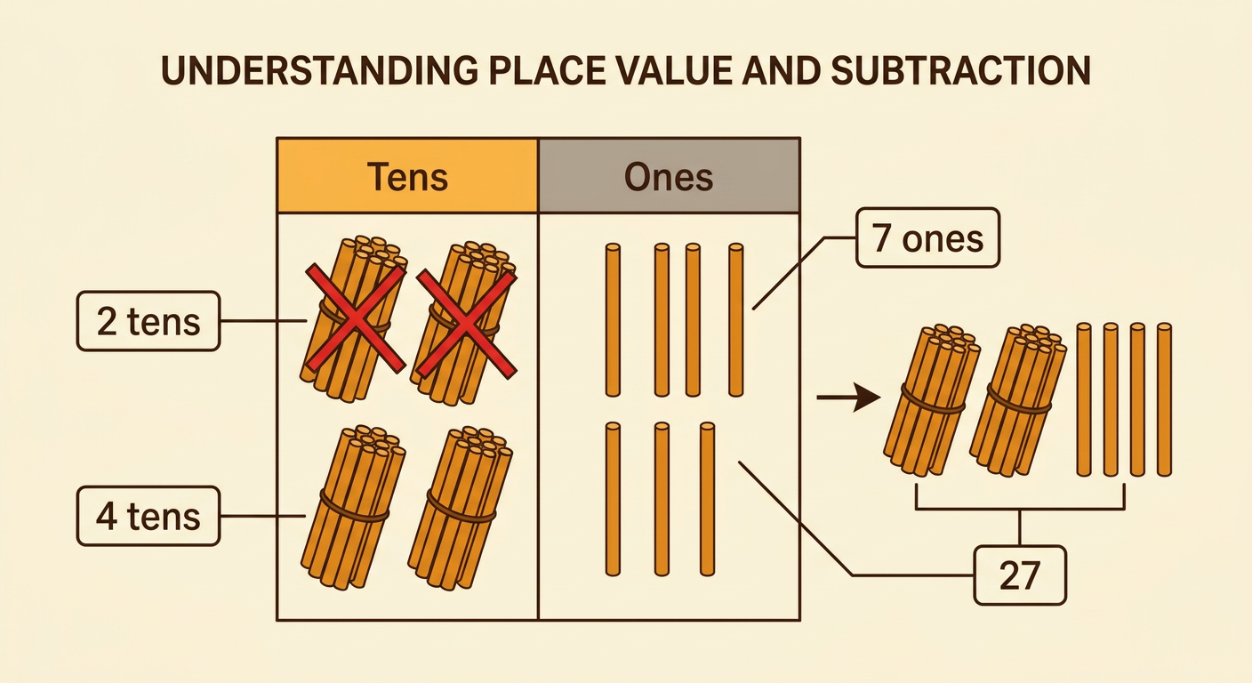 A place-value chart shows 47 as four tens rods and seven ones cubes, with two tens crossed out to leave 27.