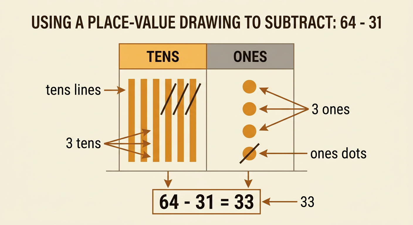A two-column drawing shows six tens lines and four ones dots, with three tens and one one crossed out to leave 33.
