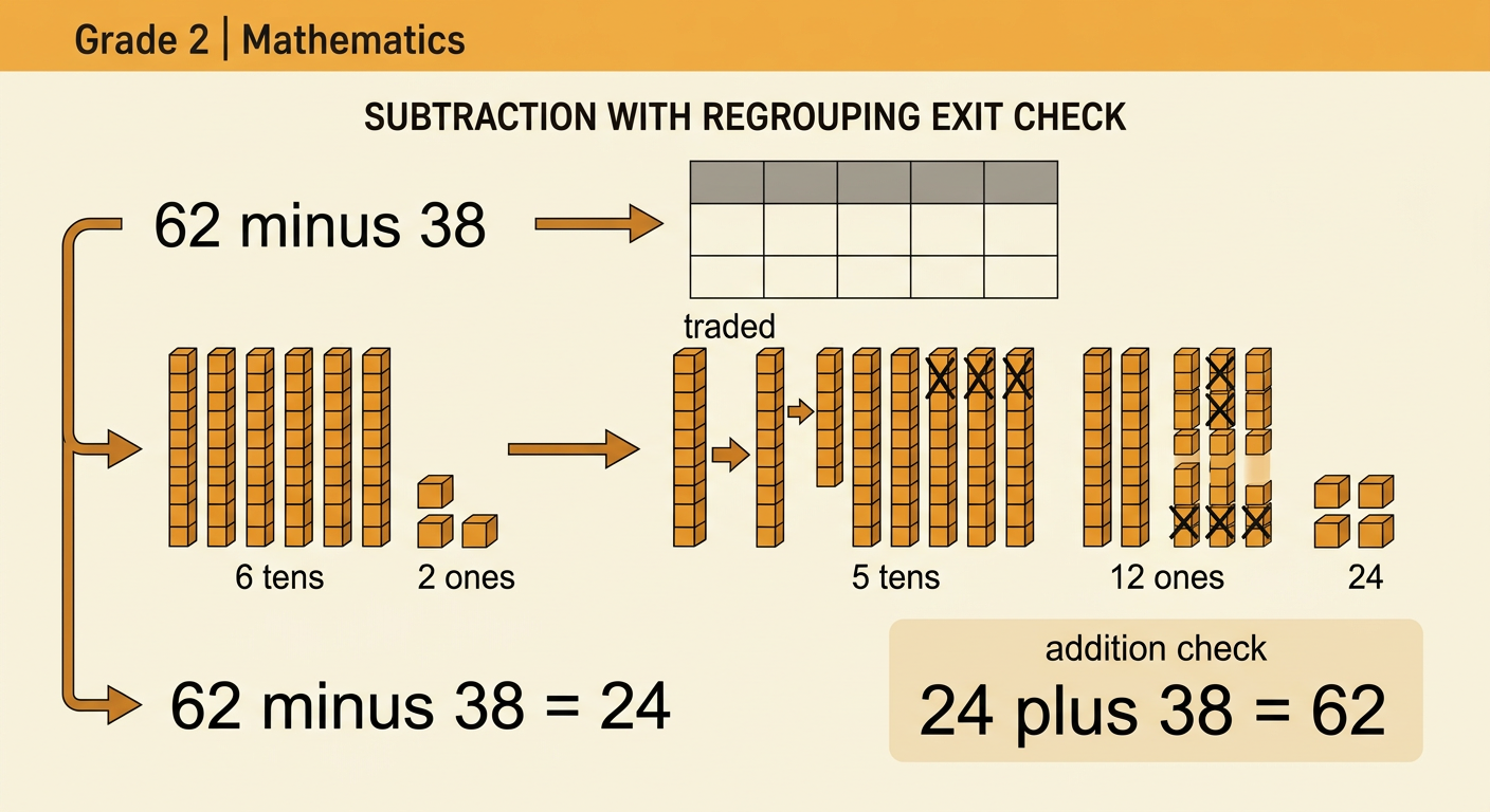 A completed exit-check drawing shows 62 regrouped into five tens and twelve ones, with 38 crossed out to leave 24 and an addition check.