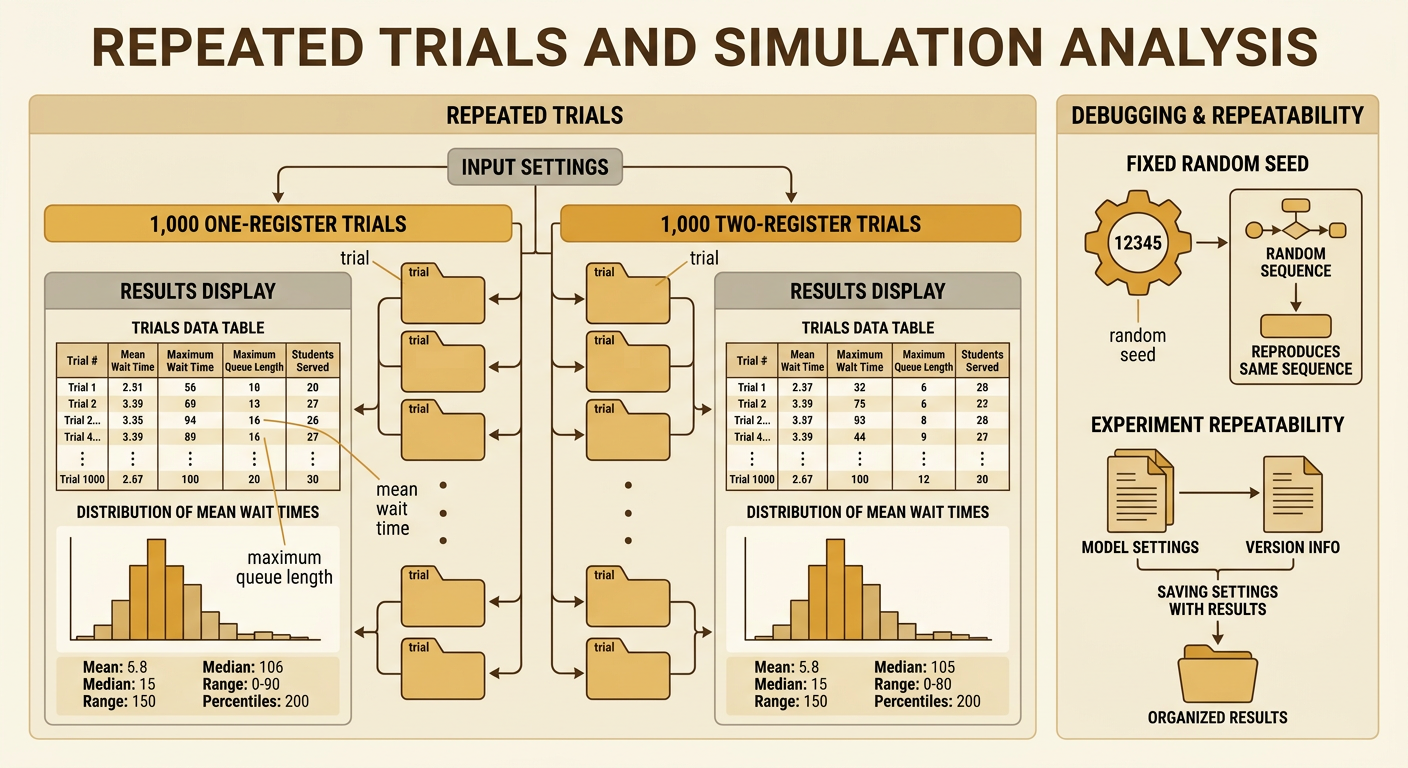 A trial-results dashboard compares repeated one-register and two-register cafeteria simulations.