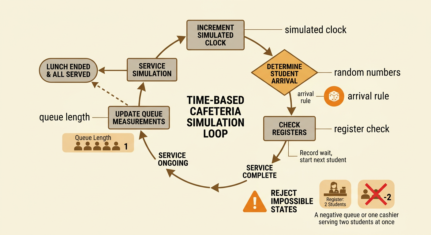 A circular flow diagram shows one second of a cafeteria simulation updating arrivals, registers, and the queue.