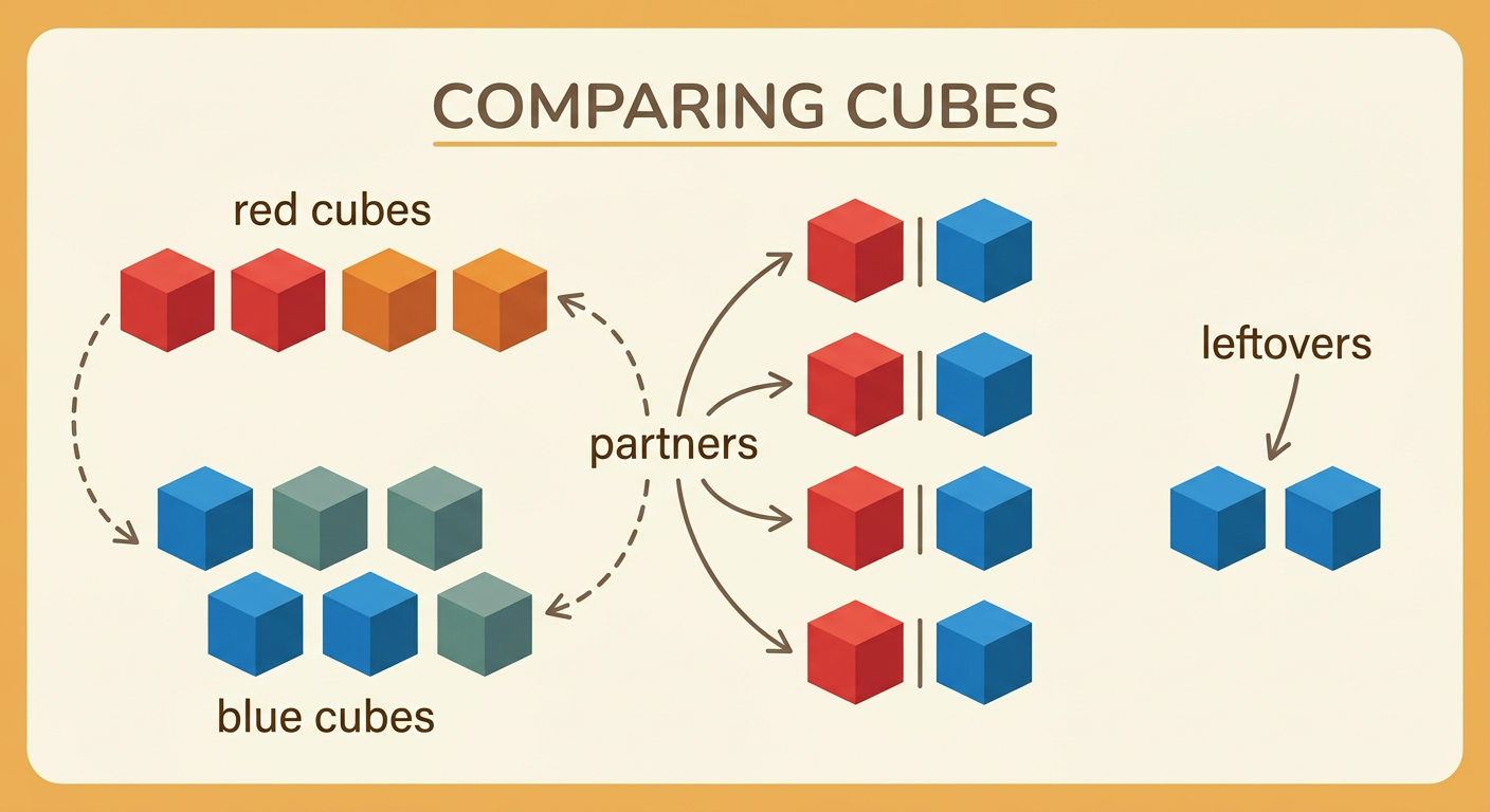Four red cubes are paired with four of six blue cubes, leaving two blue cubes unmatched.