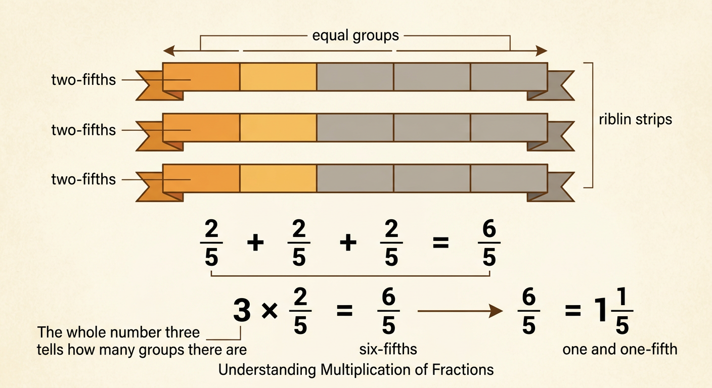 Three equal ribbon pieces each show two of five parts, with their total grouped into one whole and one-fifth.