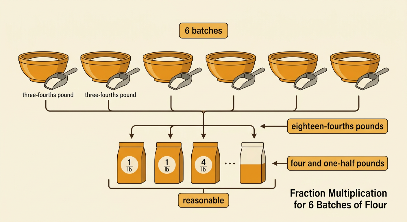 Six bread batches each sit beside a three-fourths-pound flour scoop, totaling four and one-half pounds.