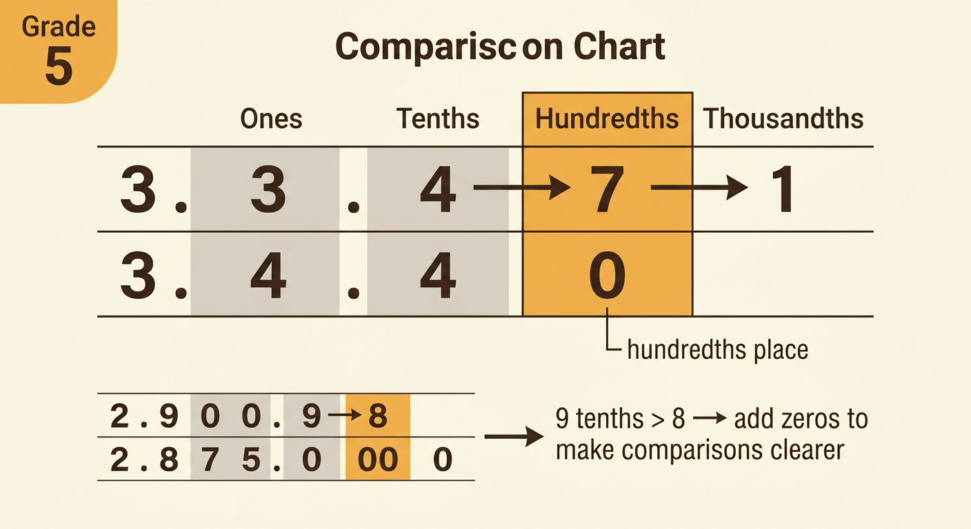 Two aligned place-value comparisons show the first differing digit in each pair of decimals.