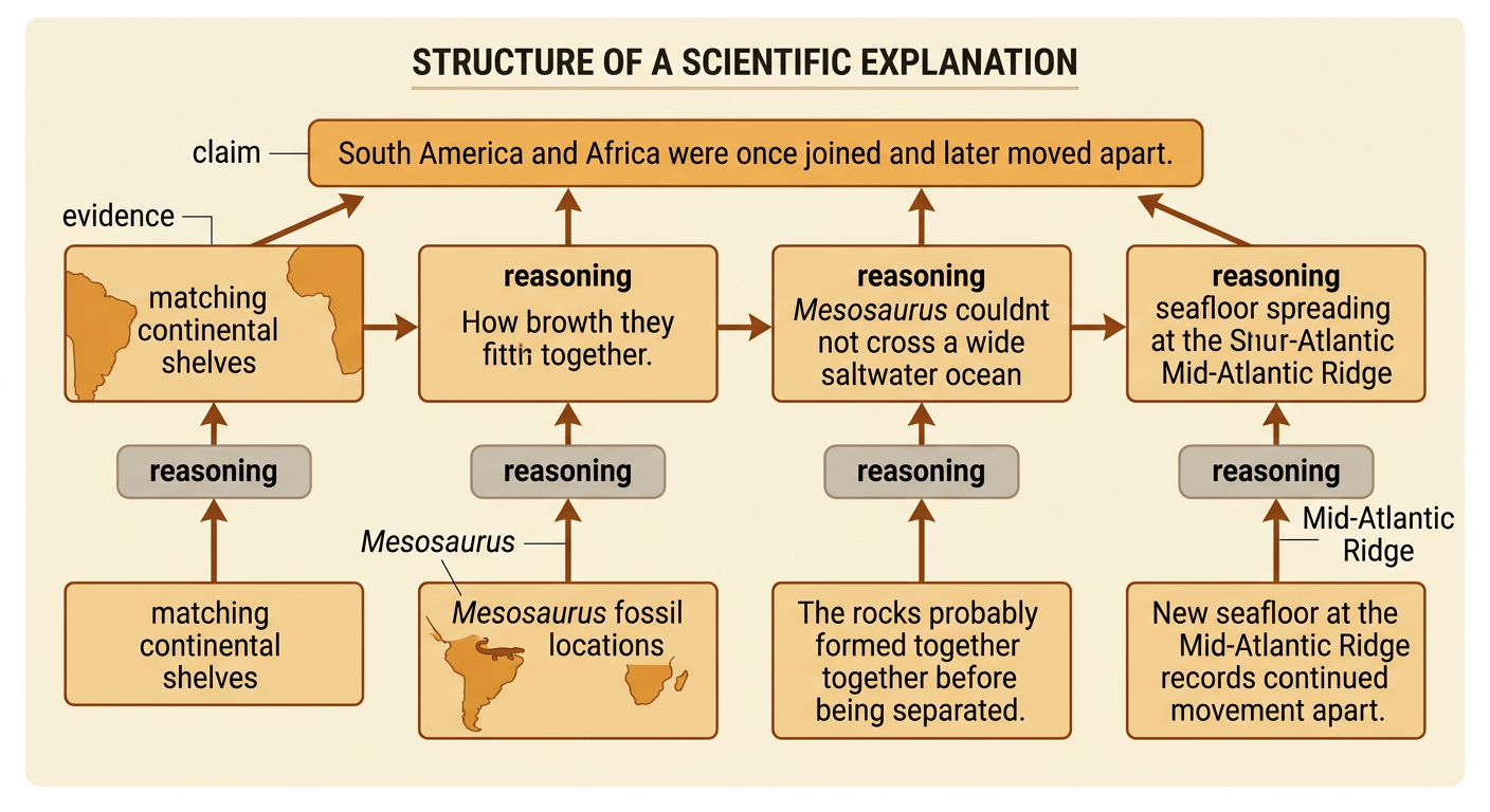 An evidence organizer connects the claim about South America and Africa to fossil, rock, continental shelf, and seafloor evidence through reasoning.
